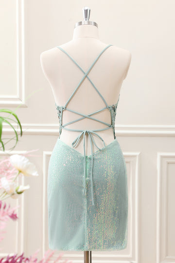 Glitter Dusty Green Tight Sequins V Neck Mini Dress